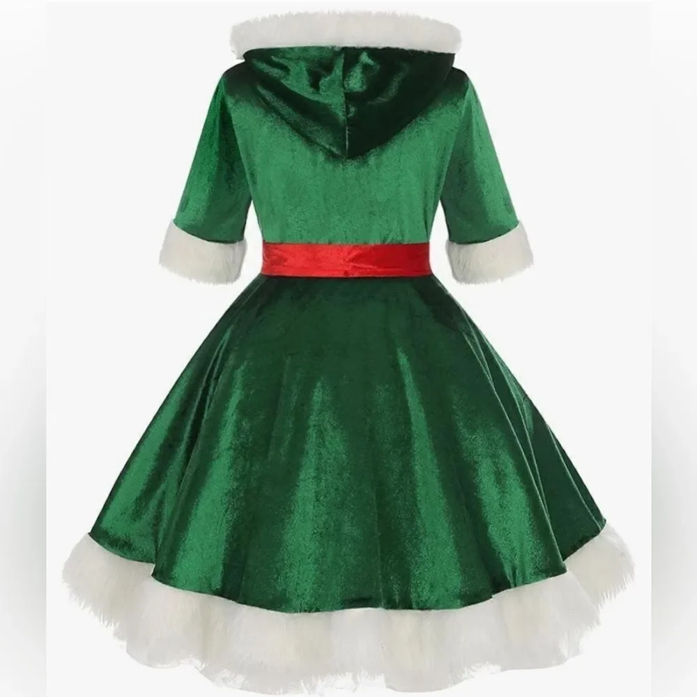 LMYOVE Girls Santa Green Elf Hooded Dress Costume(Large, Green)